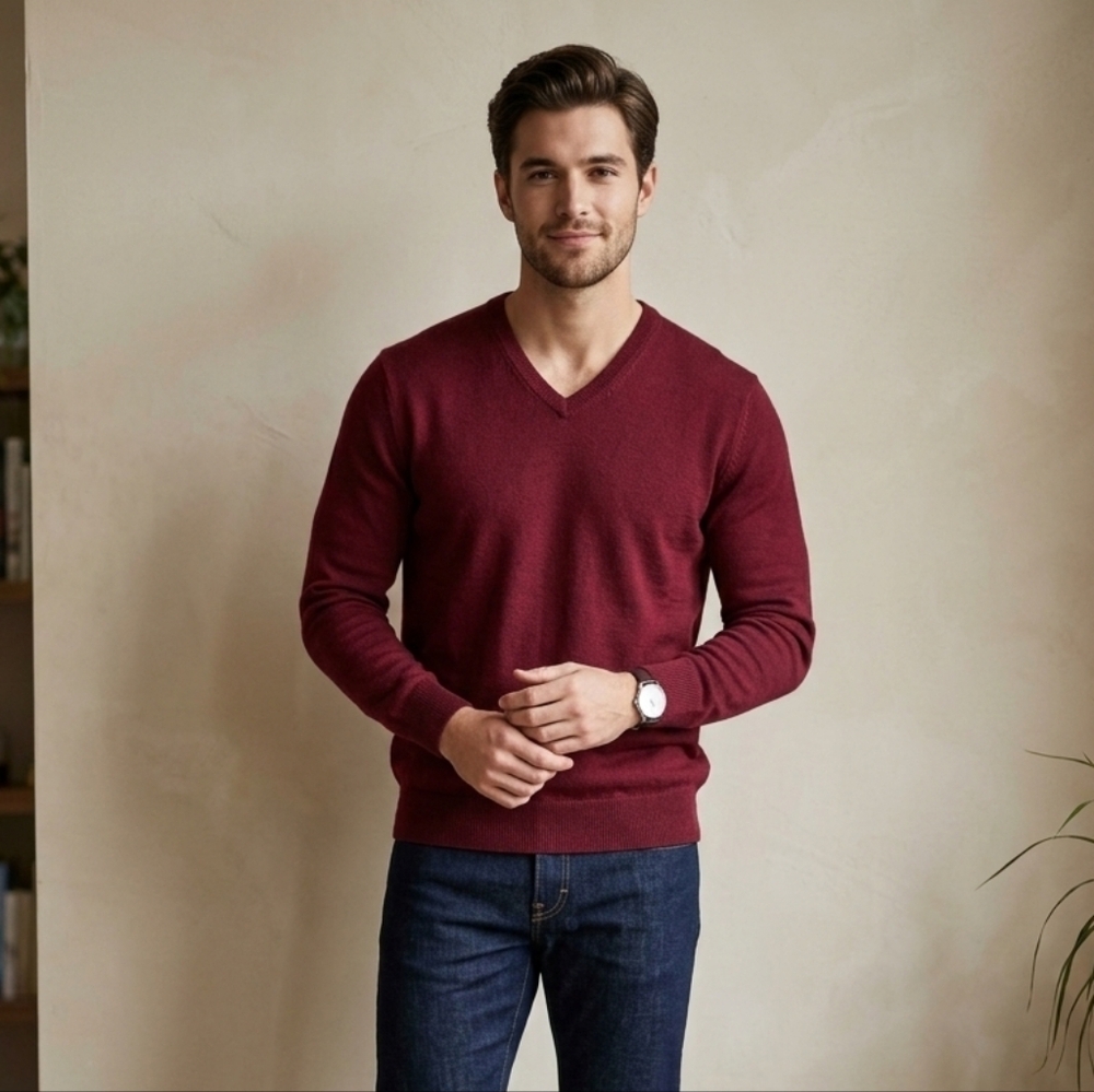 Jos A Bank Merino Wool Men's V-Neck Sweater in Burgundy Size Large Casual Office